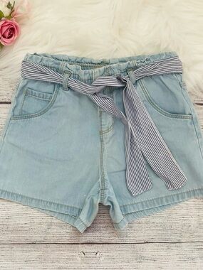 Zara Toddler Girls Light Blue Denim Shorts with Striped Tie Belt, Size 3-4 years